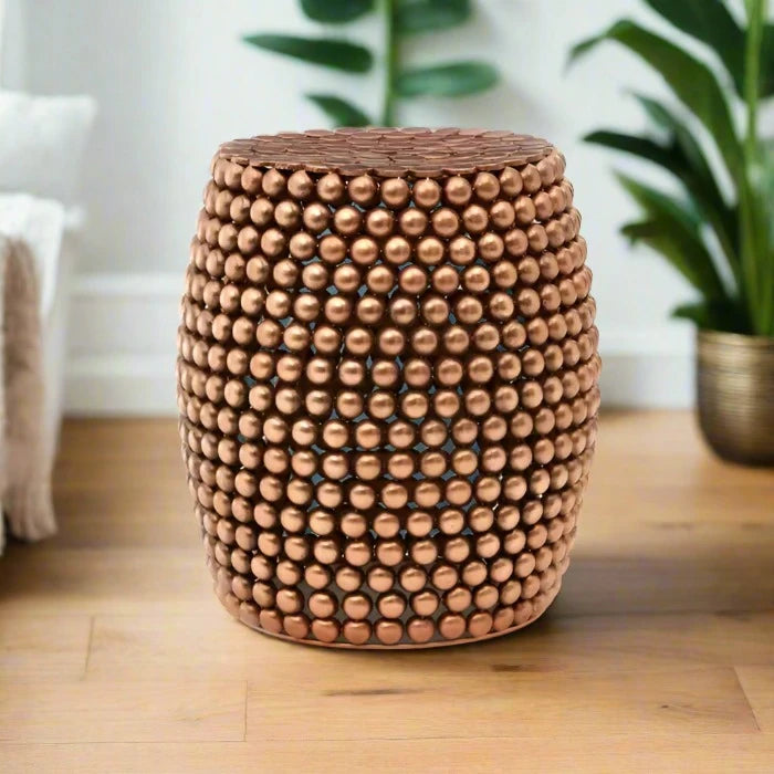 Handcrafted Iron Beaded Barrel Stool with Copper Finish