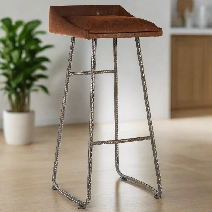 Foundry Bar Stool, Brown Leather, Brushed Steel