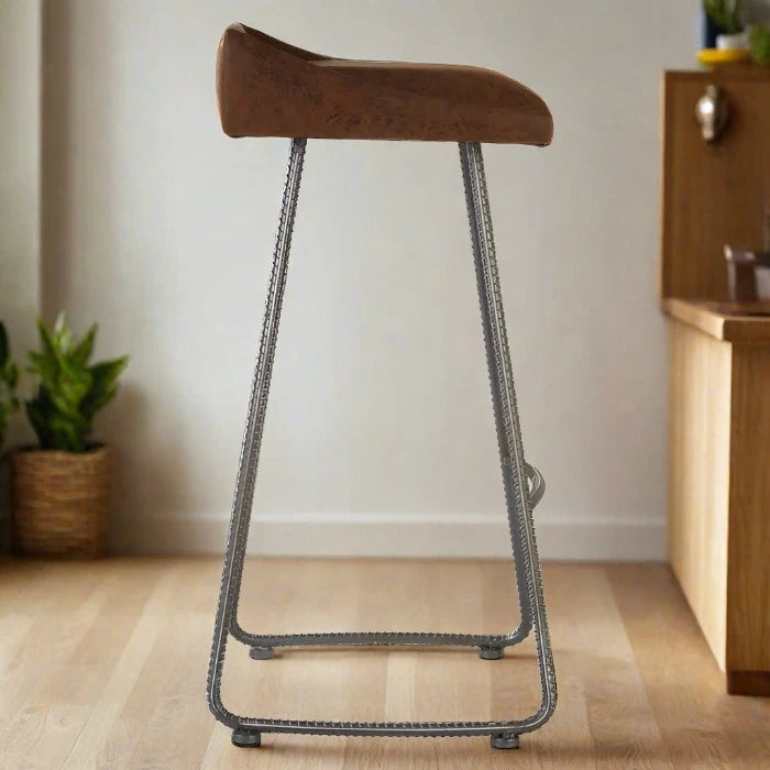 Foundry Bar Stool, Brown Leather, Brushed Steel