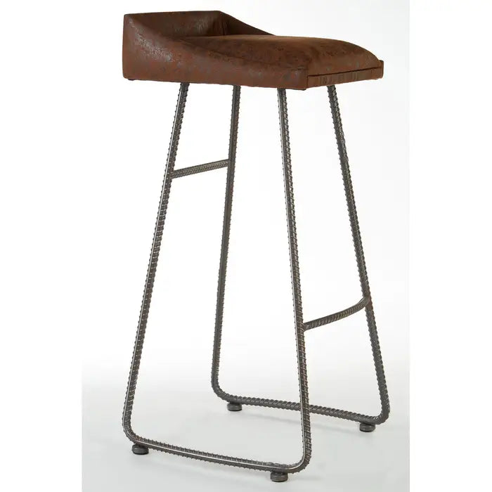 Foundry Bar Stool, Brown Leather, Brushed Steel