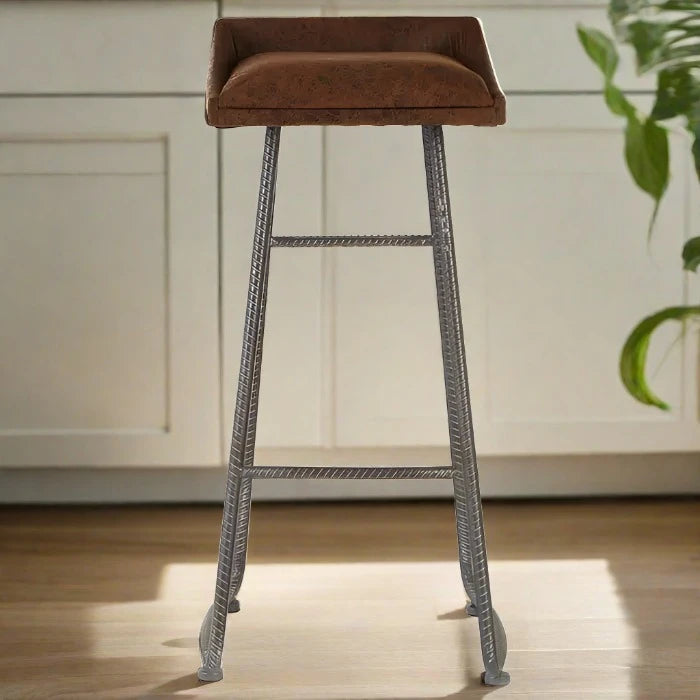 Foundry Bar Stool, Brown Leather, Brushed Steel