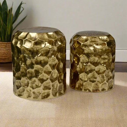  Handcrafted Set of Two Bronze Finish Iron Stools with Textured Surface