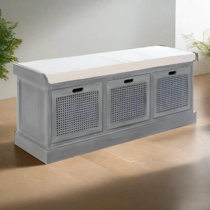 Portland Indoor Storage Bench, Weather Grey, Cream Fabric