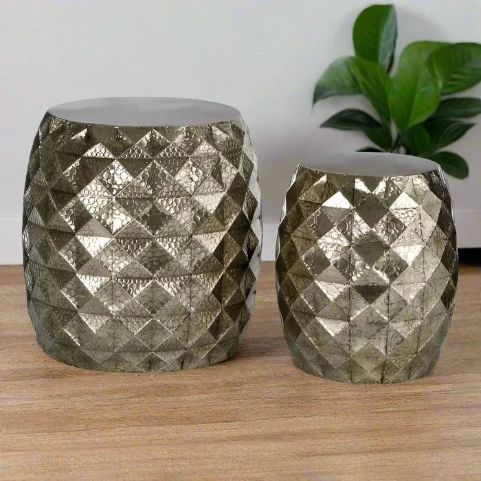 Hammered Iron Stools - Silver Geometric Pattern