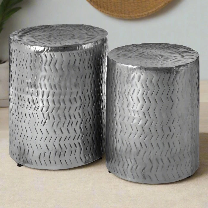 Handcrafted Set of Two Iron Stools with Diagonal Indentations and Nickel Finish