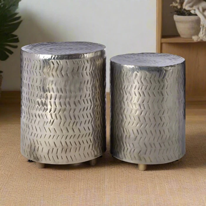 Handcrafted Set of Two Iron Stools with Diagonal Indentations and Nickel Finish