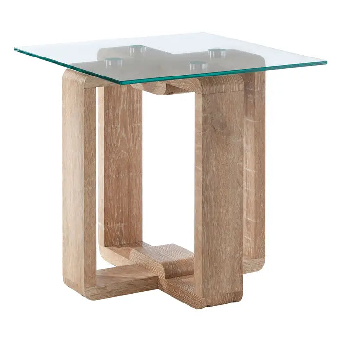 Barton Side Table, Clear Tempered Glass Square Top, Natural Oak Frame