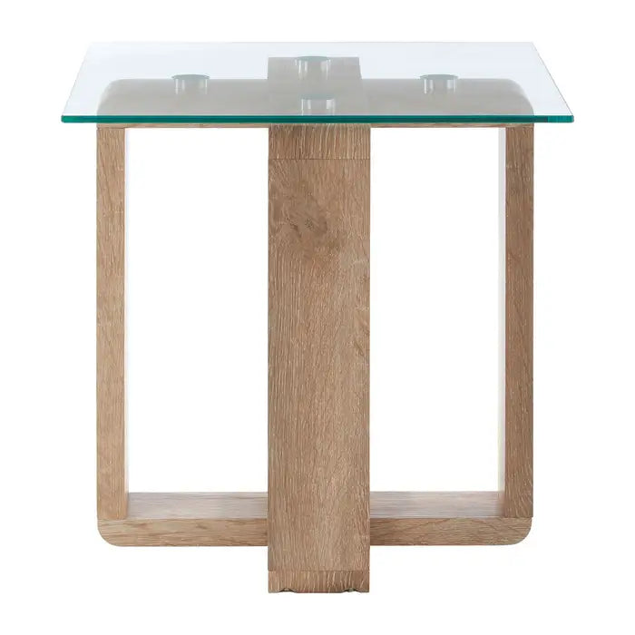 Barton Side Table, Clear Tempered Glass Square Top, Natural Oak Frame