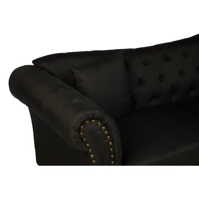 Fable 3 Seat Sofa, Black Chesterfield Fabric, Eucalyptus Wooden Legs, Scroll Arms, Button Tufted Back
