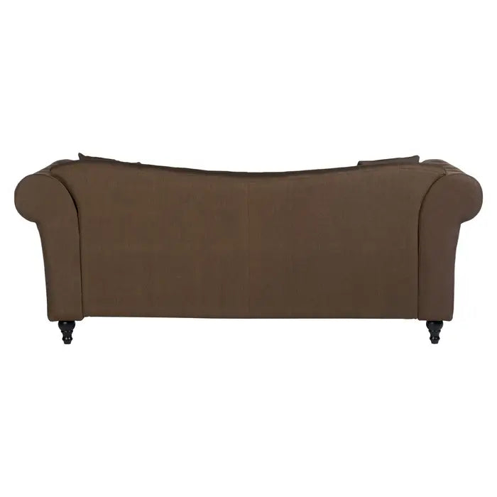 Fable 3 Seater Sofa, Natural Chesterfield Fabric, Eucalyptus Wooden Legs, Button Tufted Back, Scroll Arms