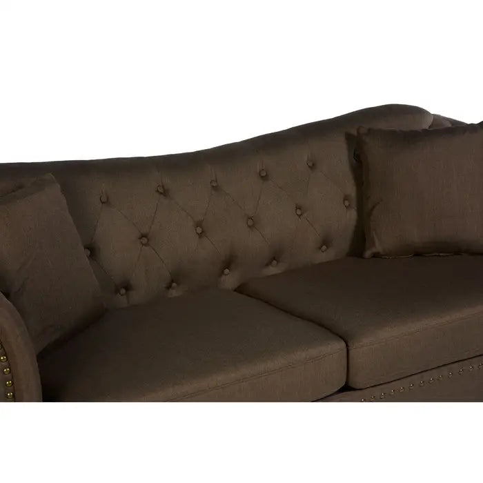 Fable 3 Seater Sofa, Natural Chesterfield Fabric, Eucalyptus Wooden Legs, Button Tufted Back, Scroll Arms