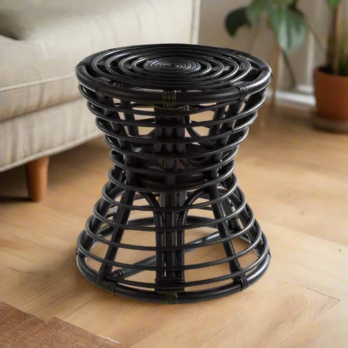 Handwoven Black Rattan Stool