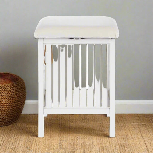 White Pine Wood Storage Stool with Padded Fabric Seat