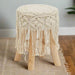 Natural Wood Frame Stool with Off White Cotton Upholstered Seat and Braided Tassels