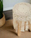 Natural Wood Frame Stool with Off White Cotton Upholstered Seat and Braided Tassels