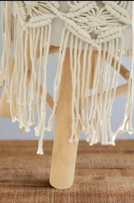 Natural Wood Frame Stool with Off White Cotton Upholstered Seat and Braided Tassels