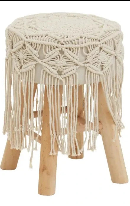 Natural Wood Frame Stool with Off White Cotton Upholstered Seat and Braided Tassels