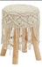 Natural Wood Frame Stool with Off White Cotton Upholstered Seat and Braided Tassels