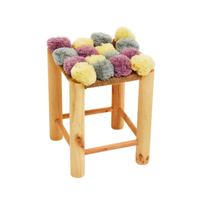 Grey, Yellow, and Pink Pom Pom Footstool with Natural Wood Frame