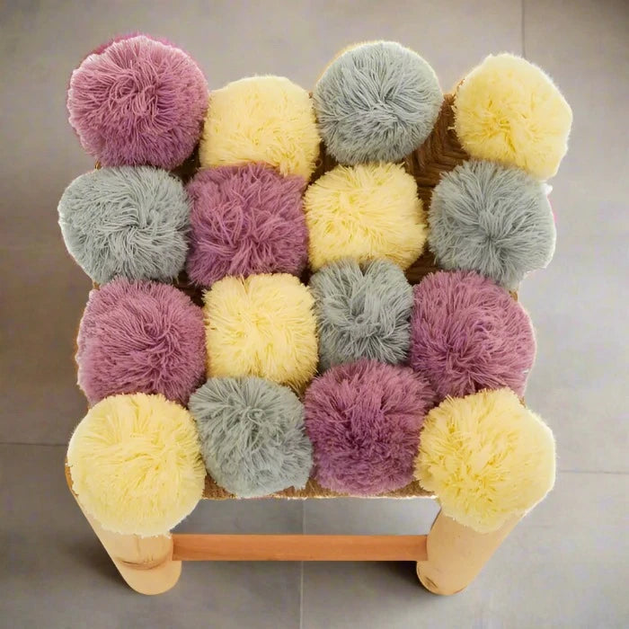 Grey, Yellow, and Pink Pom Pom Footstool with Natural Wood Frame