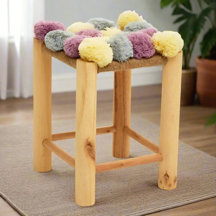 Grey, Yellow, and Pink Pom Pom Footstool with Natural Wood Frame