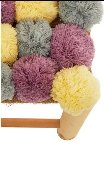 Grey, Yellow, and Pink Pom Pom Footstool with Natural Wood Frame