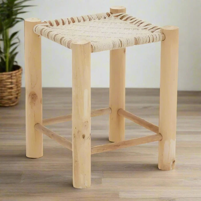 Natural Wooden Stool with Weave Design and Cotton Thread Seat