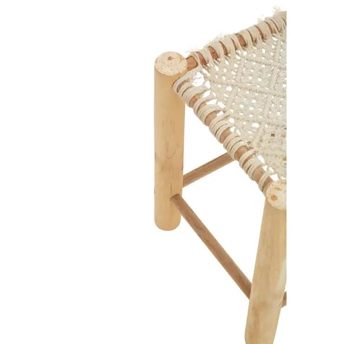 Natural Wooden Stool with Weave Design and Cotton Thread Seat