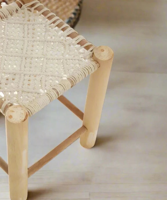 Natural Wooden Stool with Weave Design and Cotton Thread Seat