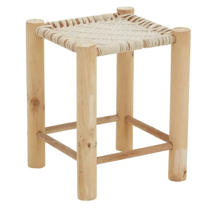 Natural Wooden Stool with Weave Design and Cotton Thread Seat