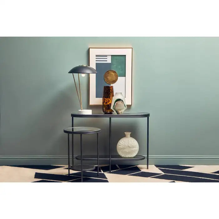 Xania Side Table, Two Tier, Lower Shelf, Black Metal Frame, Mirrored Glass Top 