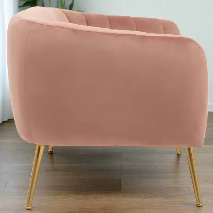 Larissa Two Seater Sofa, Foam Padded Seat, Pink Velvet, Gold Metal Legs