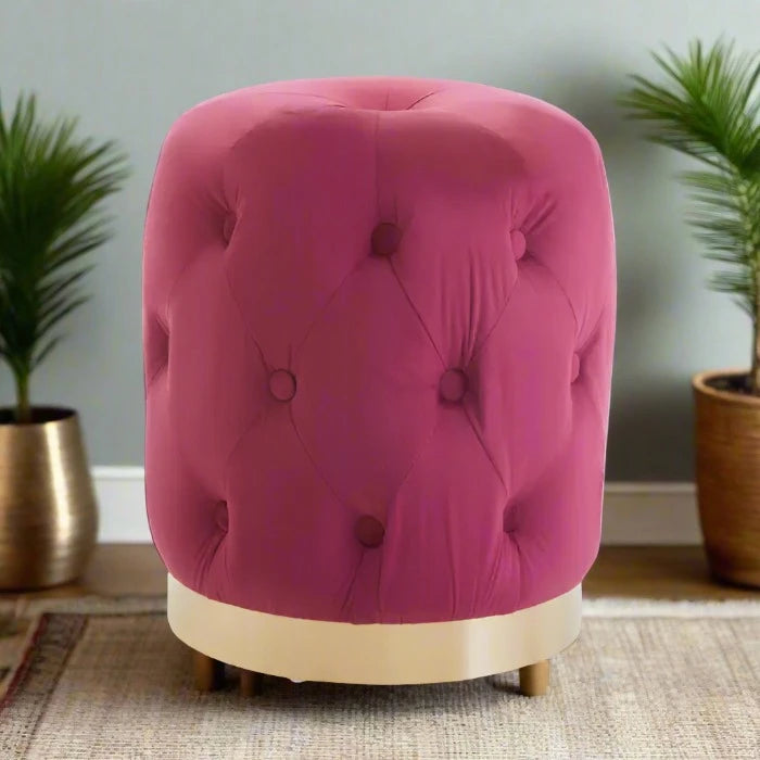 Loretta Wine Velvet Button Tufted Stool with Matte Gold Metal Base