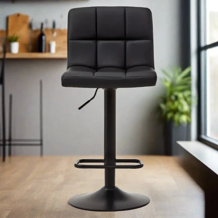 Molton Bar Stool, Quilted Black Leather, Black Metal