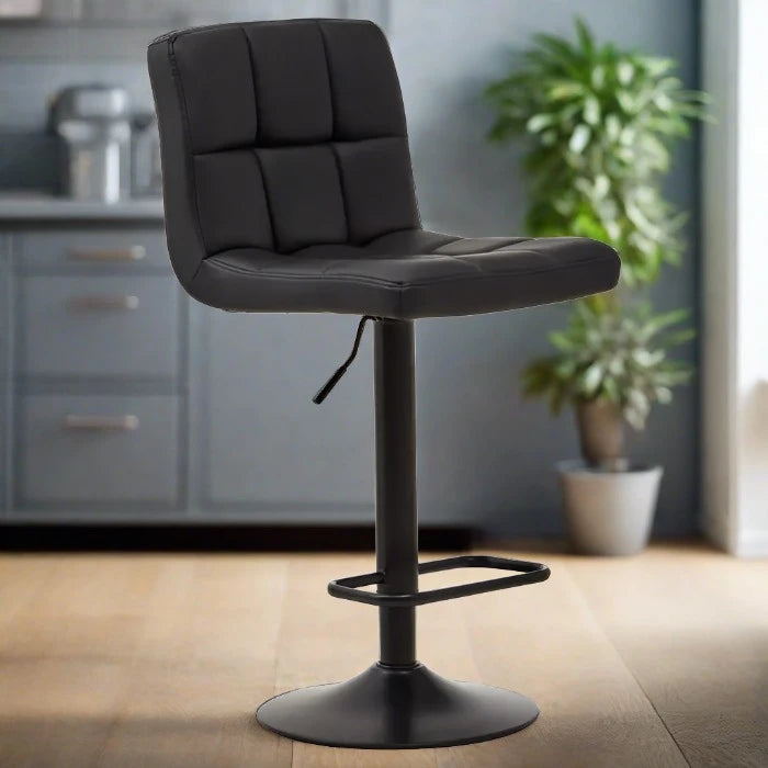 Molton Bar Stool, Quilted Black Leather, Black Metal