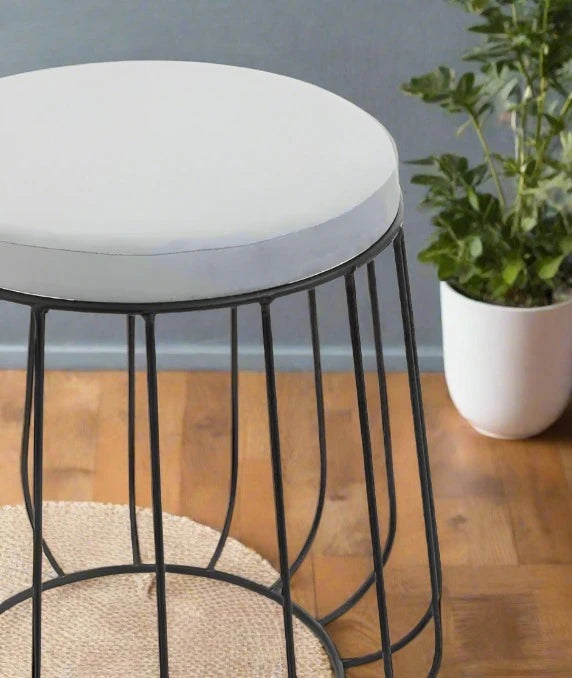 Modern Industrial Grey Velvet & Black Iron Low Stool