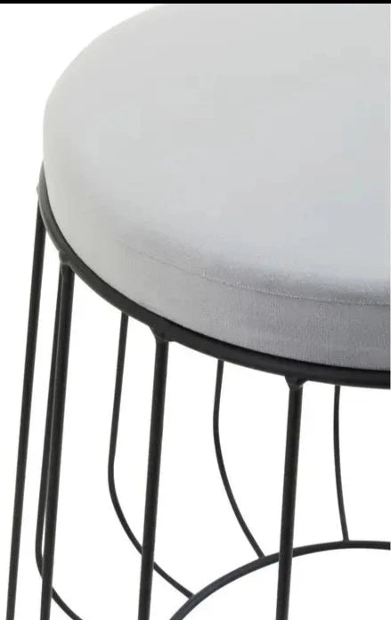 Modern Industrial Grey Velvet & Black Iron Low Stool