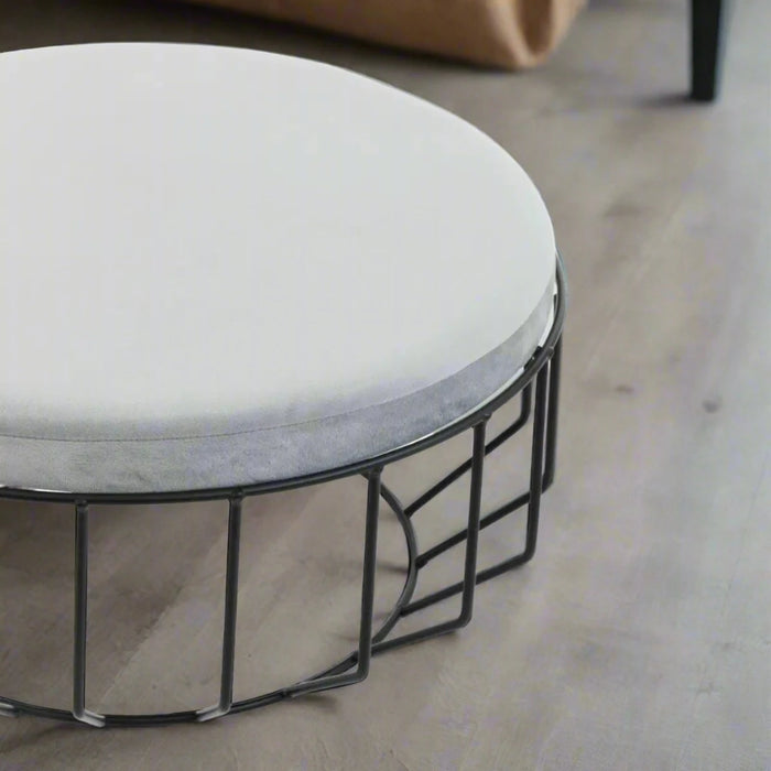 Modern Industrial Grey Velvet & Black Metal Round Stool