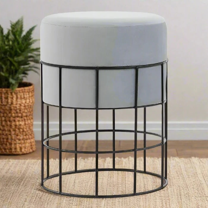 Modern Industrial Grey Velvet & Black Iron Stool