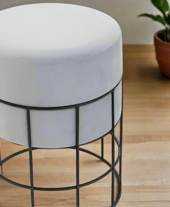 Modern Industrial Grey Velvet & Black Iron Stool