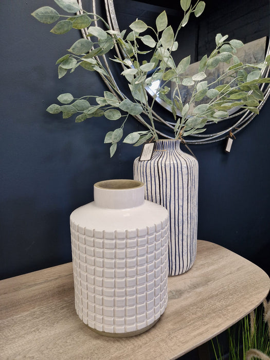 Flower Bud Vase, Stripe Stoneware, Blue, White