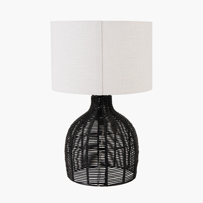 Black Rattan Cloche Table Lamp with Cream Shade - 47cm