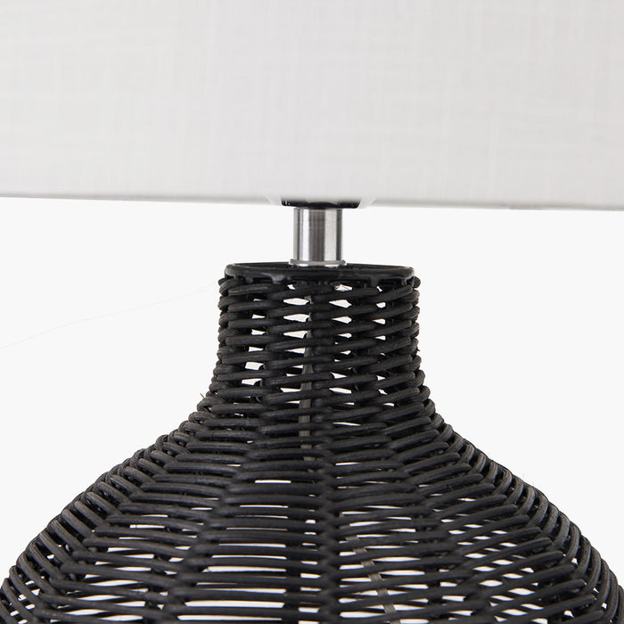 Black Rattan Cloche Table Lamp with Cream Shade - 47cm