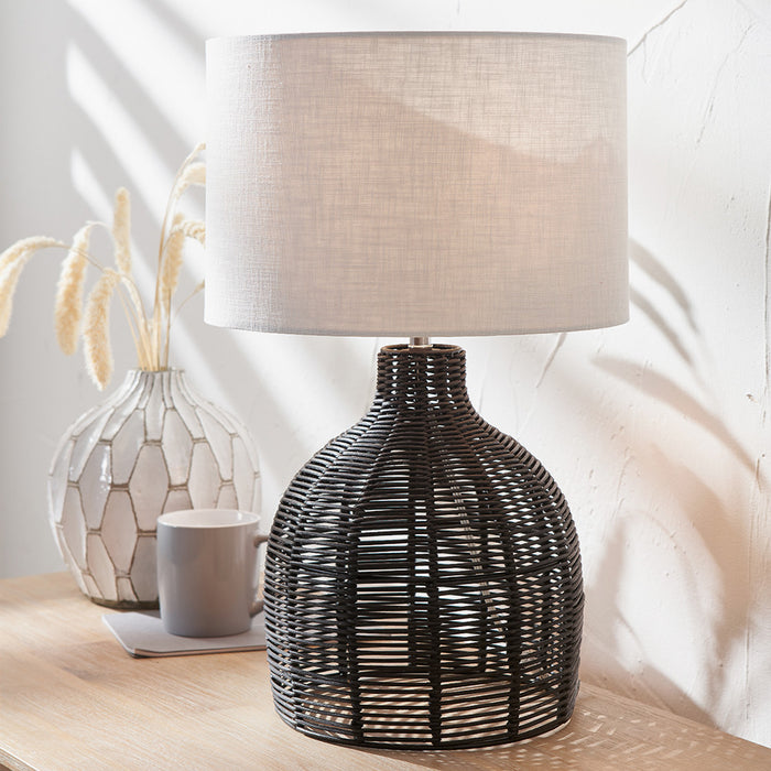 Black Rattan Cloche Table Lamp with Cream Shade - 47cm