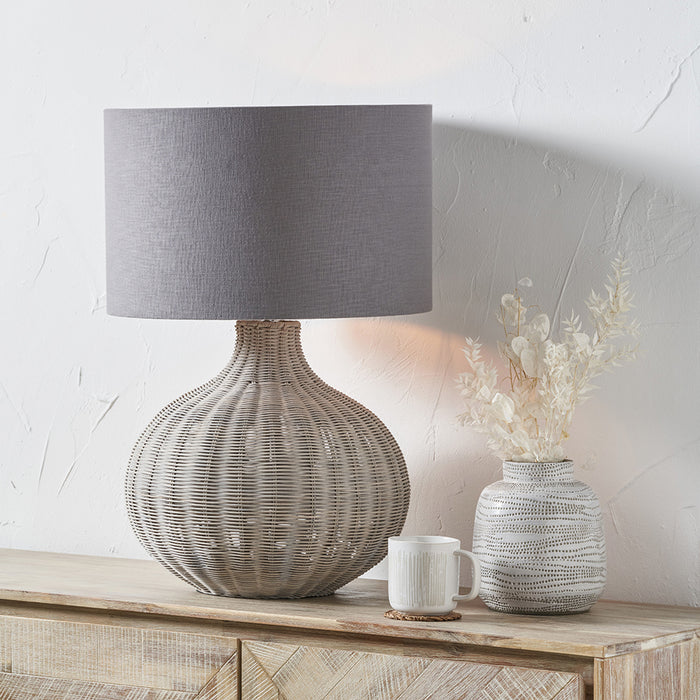 Allona Grey Wash Rattan Table Lamp with Grey Linen Lampshade- 68cm