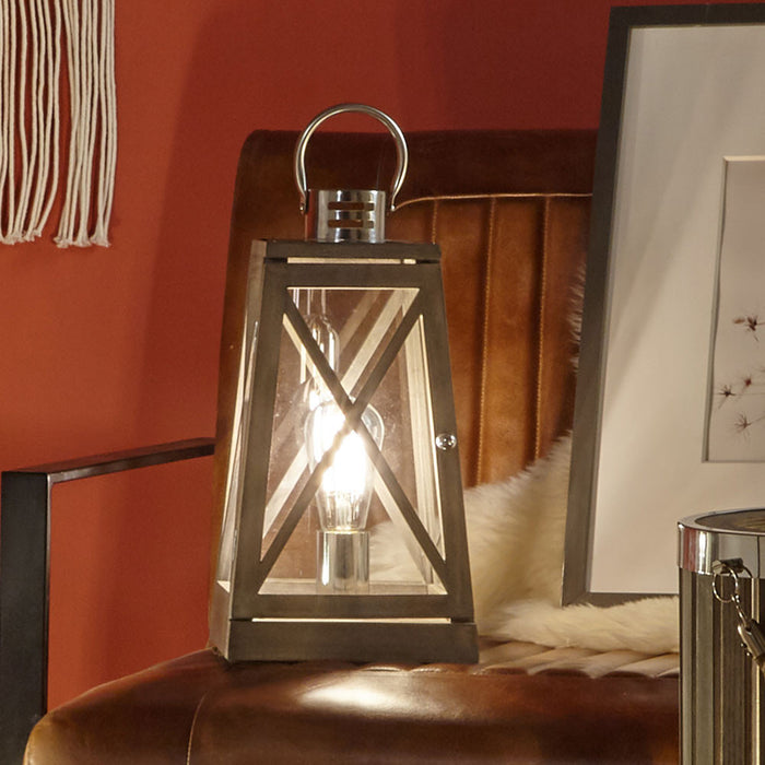 Devon Grey Wood & Chrome Lantern Table Lamp ( More Due In 08/11/24 )