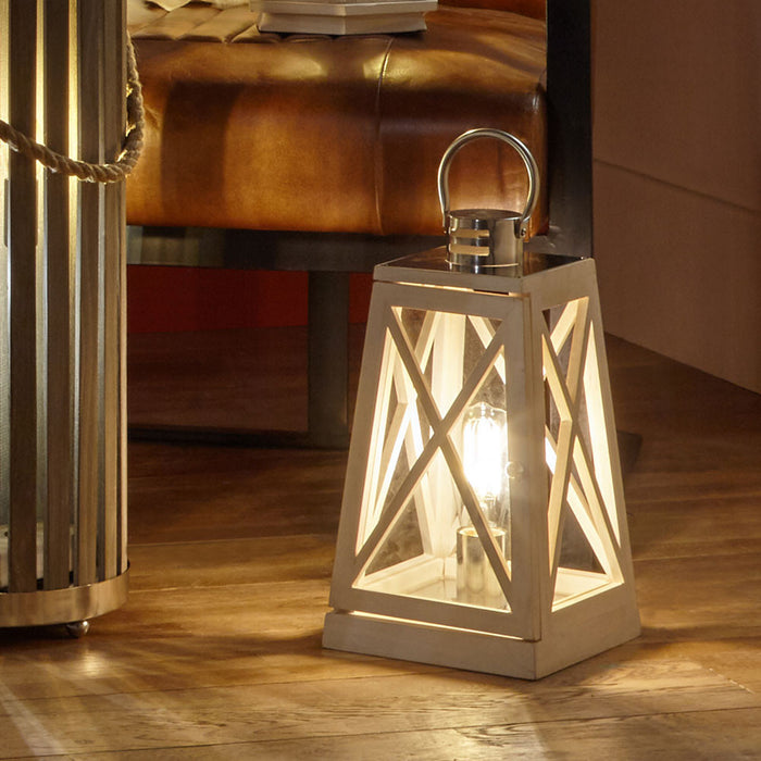 Devon White Wash Wood & Chrome Lantern Table Lamp (Due Back in 08/11/24)