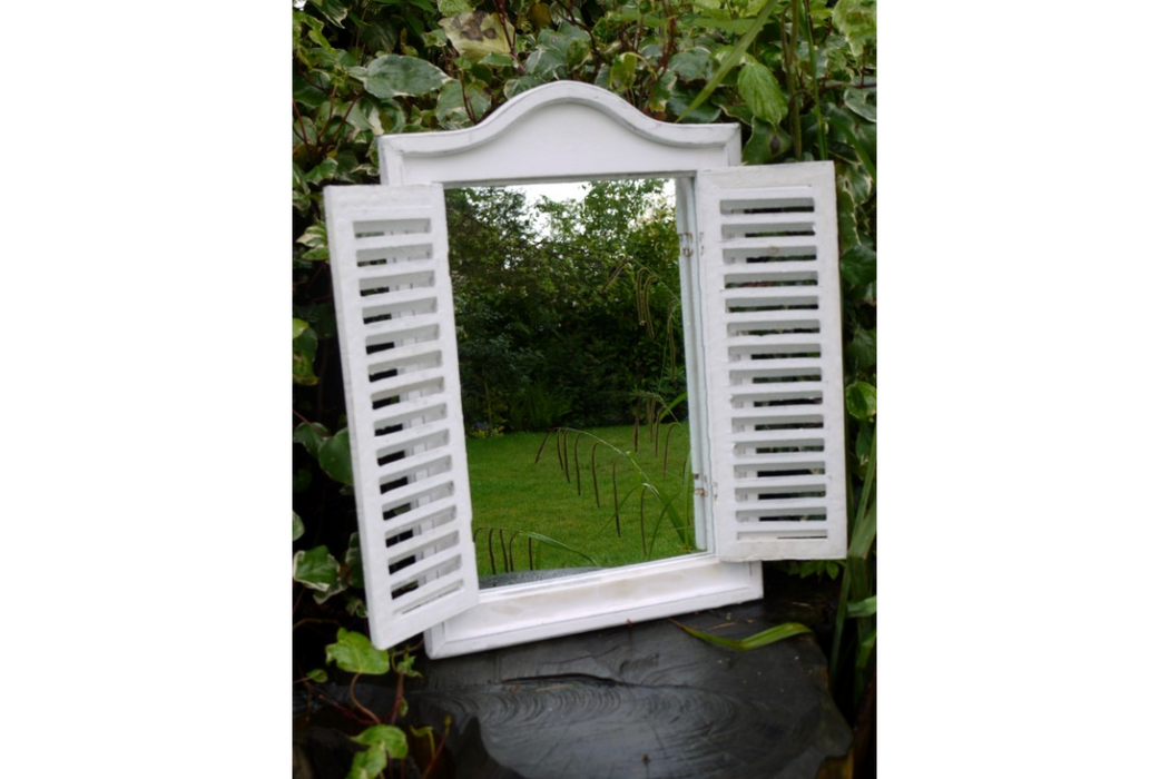 Indoor / Outdoor White Wooden Shutter Garden Mirror - 60 x 40 cm - Decor Interiors