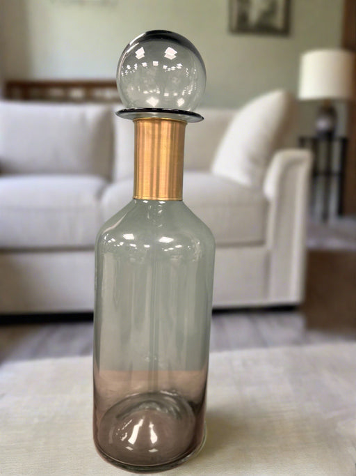 Tall Apothecary Bottle, Smoked Glass, Metal Gold Band