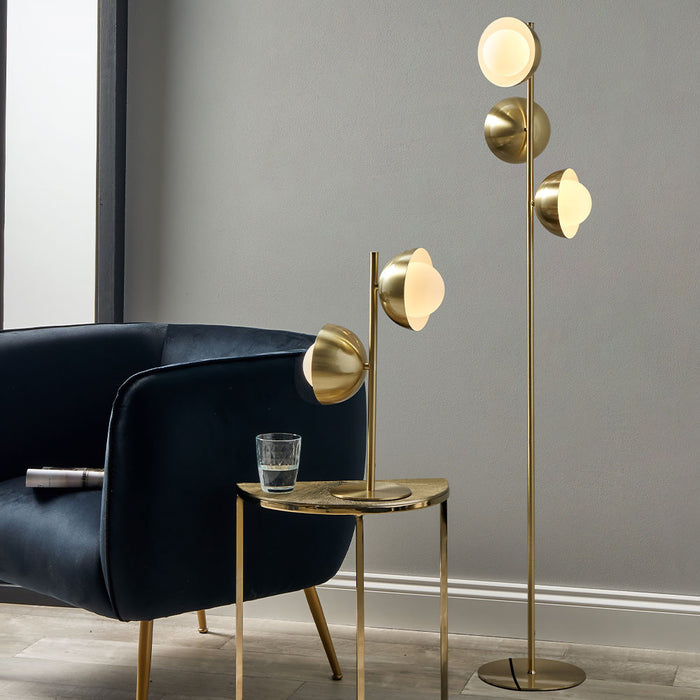 Estelle Brushed Brass Metal and White Orb Dome Floor Lamp